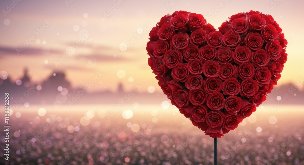 A Heart of Roses: A delicate heart shape formed by blooming red roses stands against a romantic backdrop of soft light and a hazy, dreamlike landscape, symbolizing love and devotion.