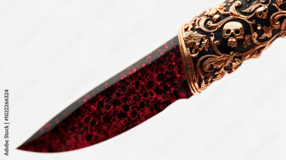 Decorative knife with red blade and ornate handle on white isolate background.