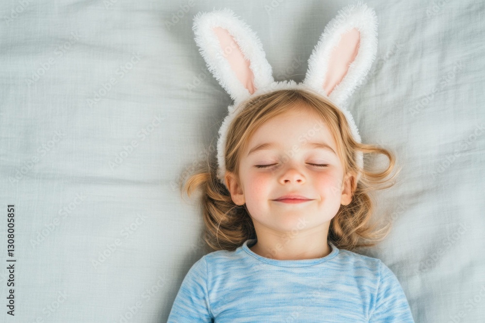 Happy child wearing fluffy bunny ears, lying on soft gray fabric, smiling joyfully, embodying a playful spring vibe and innocence, perfect for Easter themes