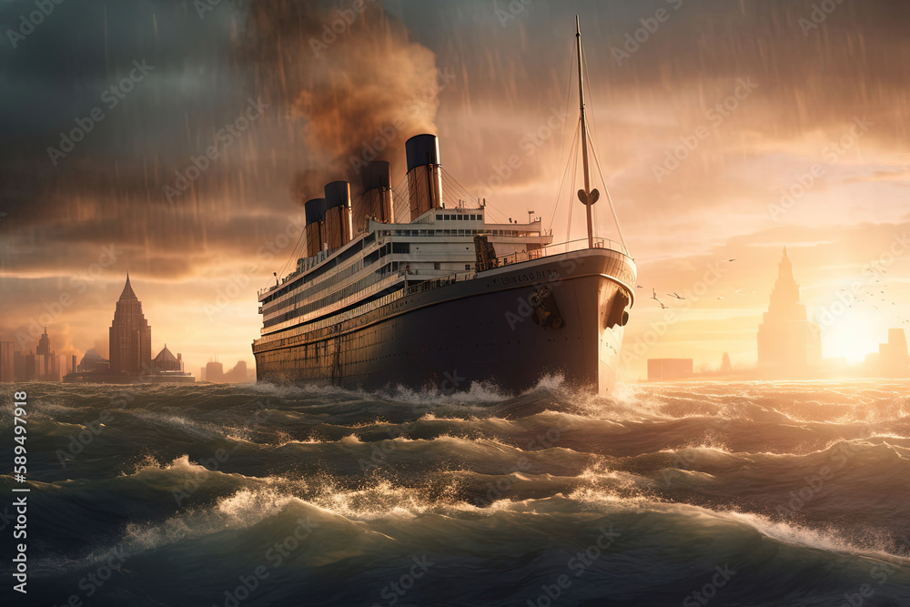 The Titanic Arriving in New York: A Stunningly Realistic Matte Painting with Dramatic Lighting