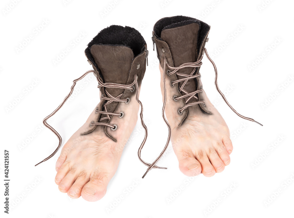 Walking shoes merged with adult male feet - Concept of walking